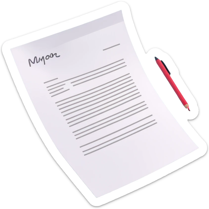 paper document with a paragraph of text and a handwritten signature at the bottom sticker