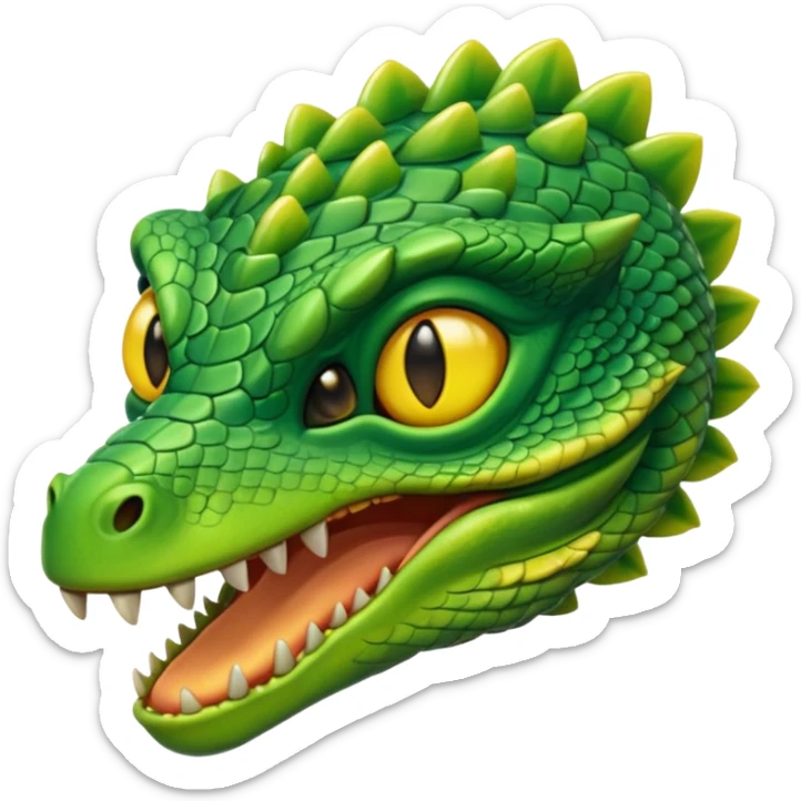 Reptilian alien head, green scales, yellow eyes, cartoon emoji, no background sticker