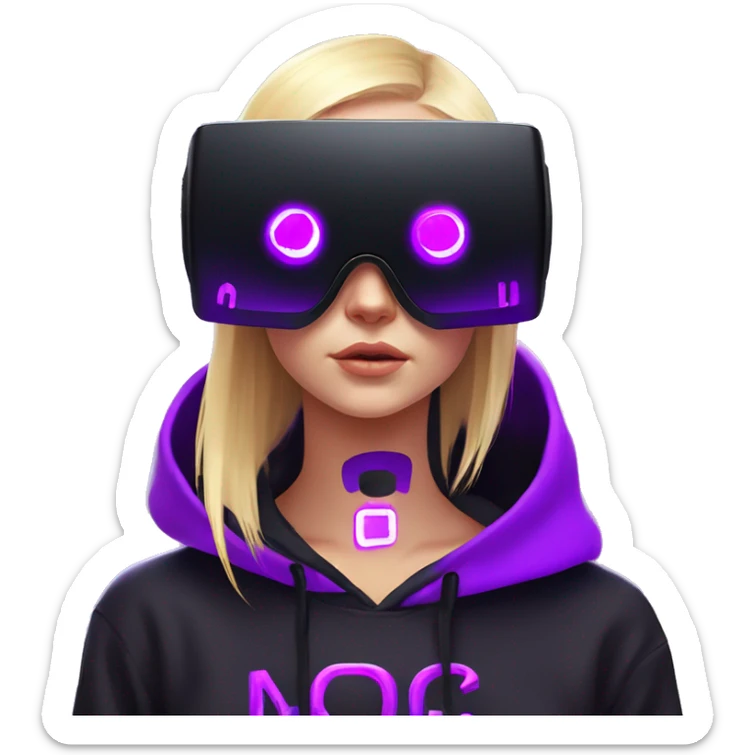 Russian cute blond student girl wearing black hoody with violet letters "OMG", in vr headset. No eyes. Cyberpunk style. Violet neon. sticker