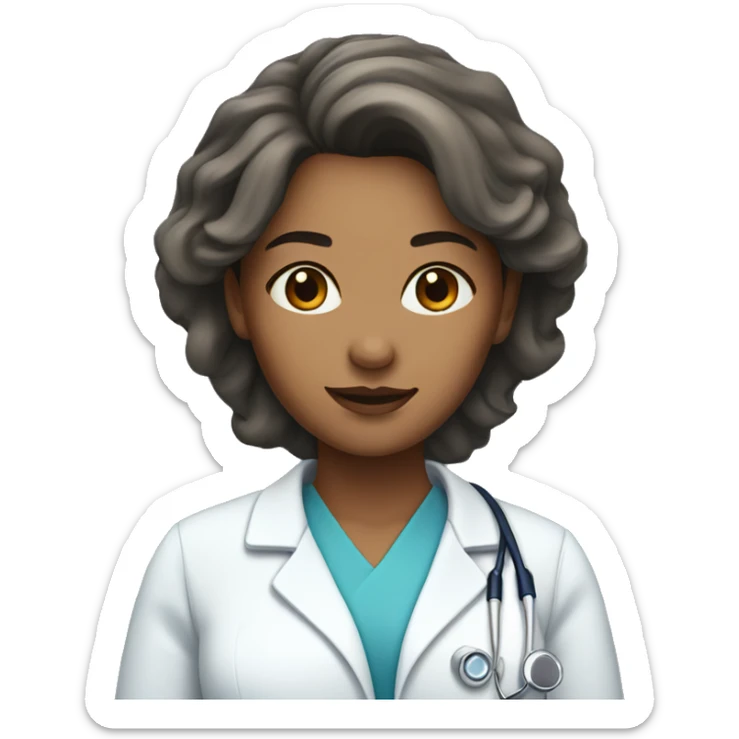 Doctor woman with brown eyes and hair with a blue scrub sticker