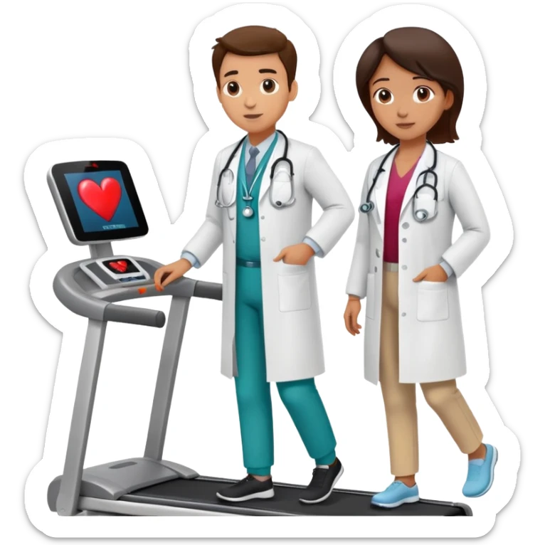 patient on a treadmill with a heart monitor, and a doctor standing nearby supervising, not running sticker