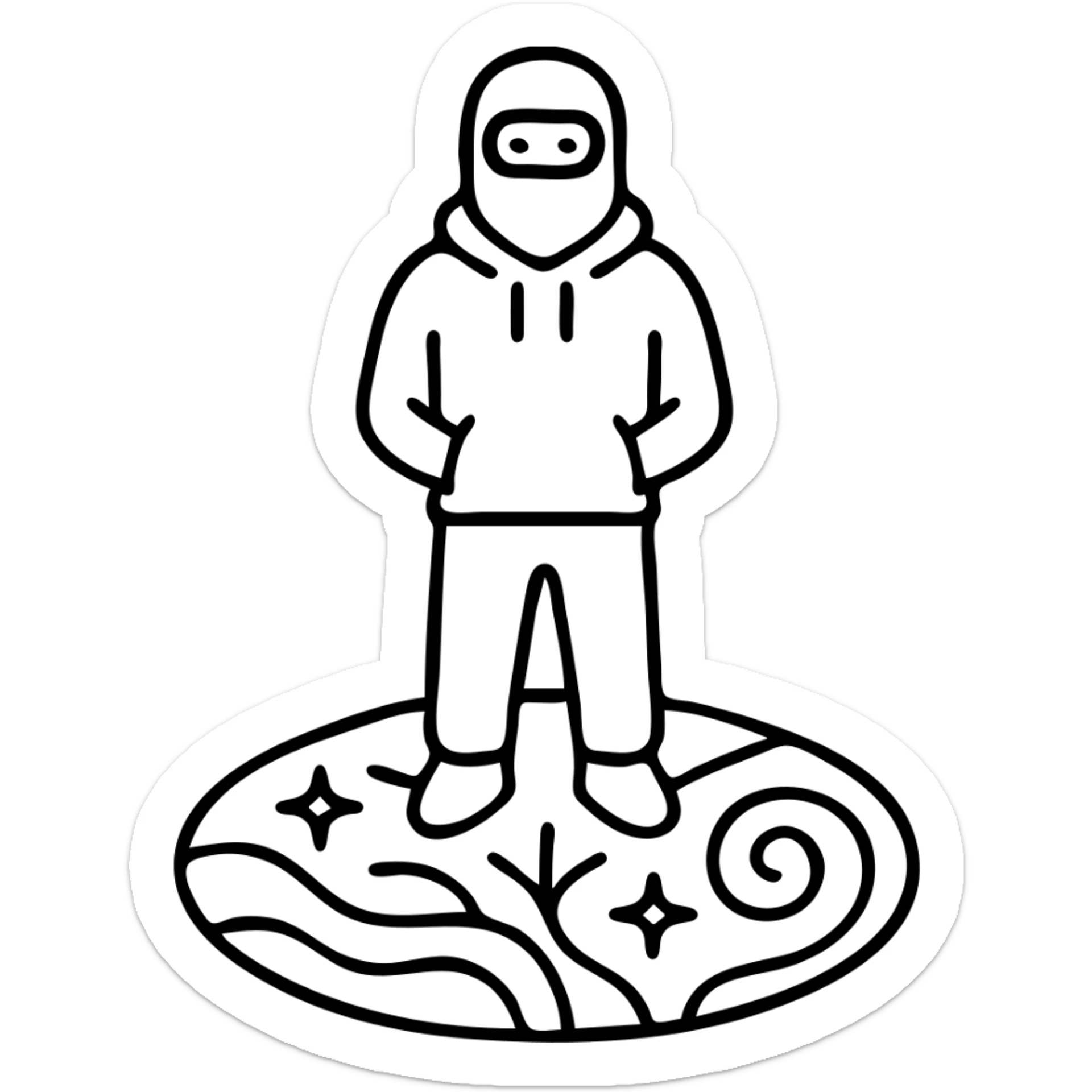 Person in ski mask and hoodie standing on vibrant earth surface with cosmic patterns and fractals flowing beneath feet sticker