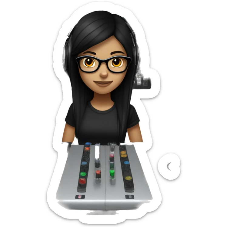 Fair skinned girl with brown eyes and long straight black hair with a black t shirt with glasses on with headphones on mixing on a dj mixer sticker