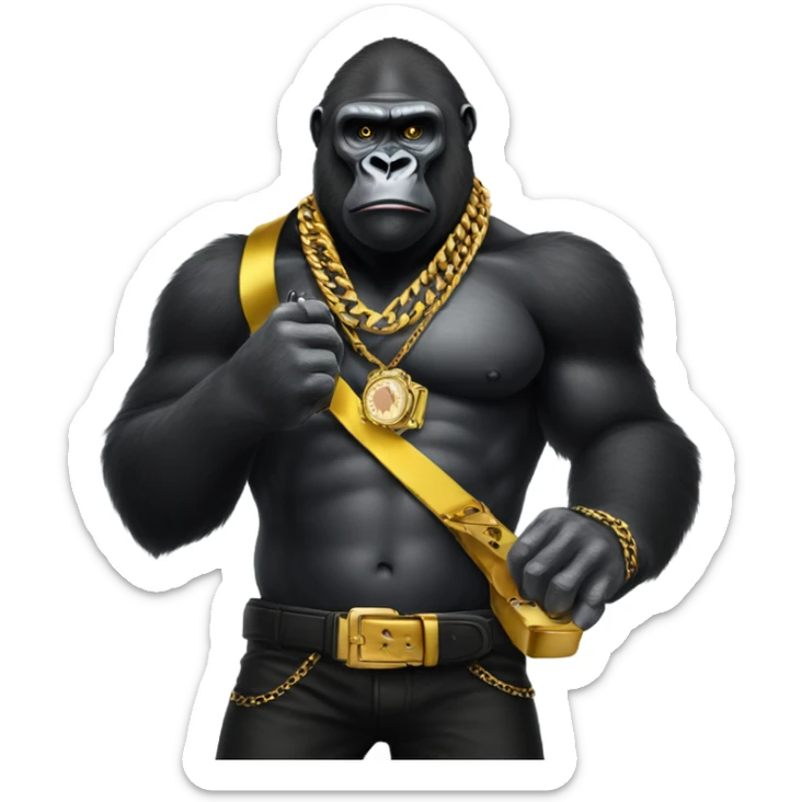 Gorilla holding a pistol wearing gold chain and watch , black shirt and a yellow bandana sticker