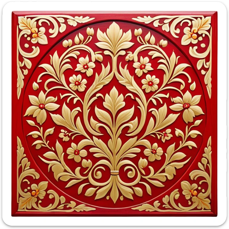 Wood painting icon, intricate traditional Russian Palekh or Khokhloma patterns painted on wooden surface, vivid red, gold, and black colors, visible paintbrush with fine details, no finished artwork, just the process of painting, minimalistic style, clean lines, transparent background. sticker
