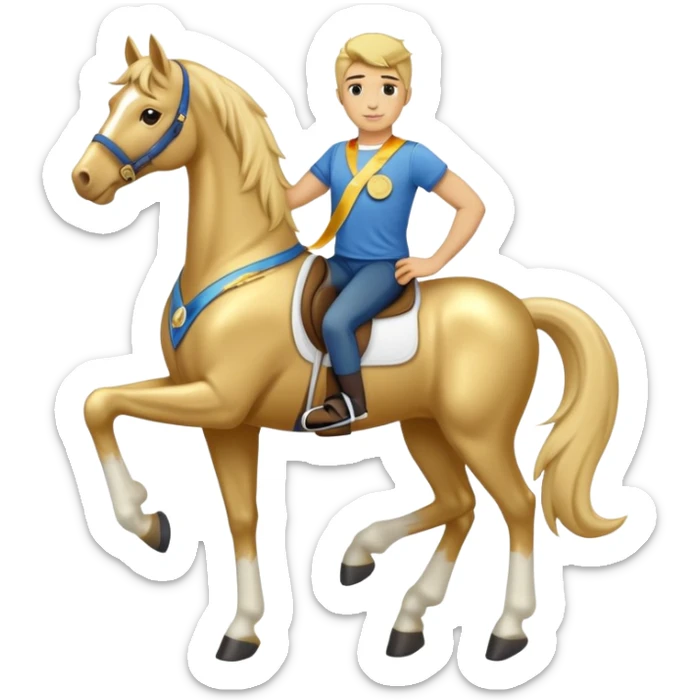 anthropomorphised horse in jeans and a t-shirt, wearing a gold medal sticker