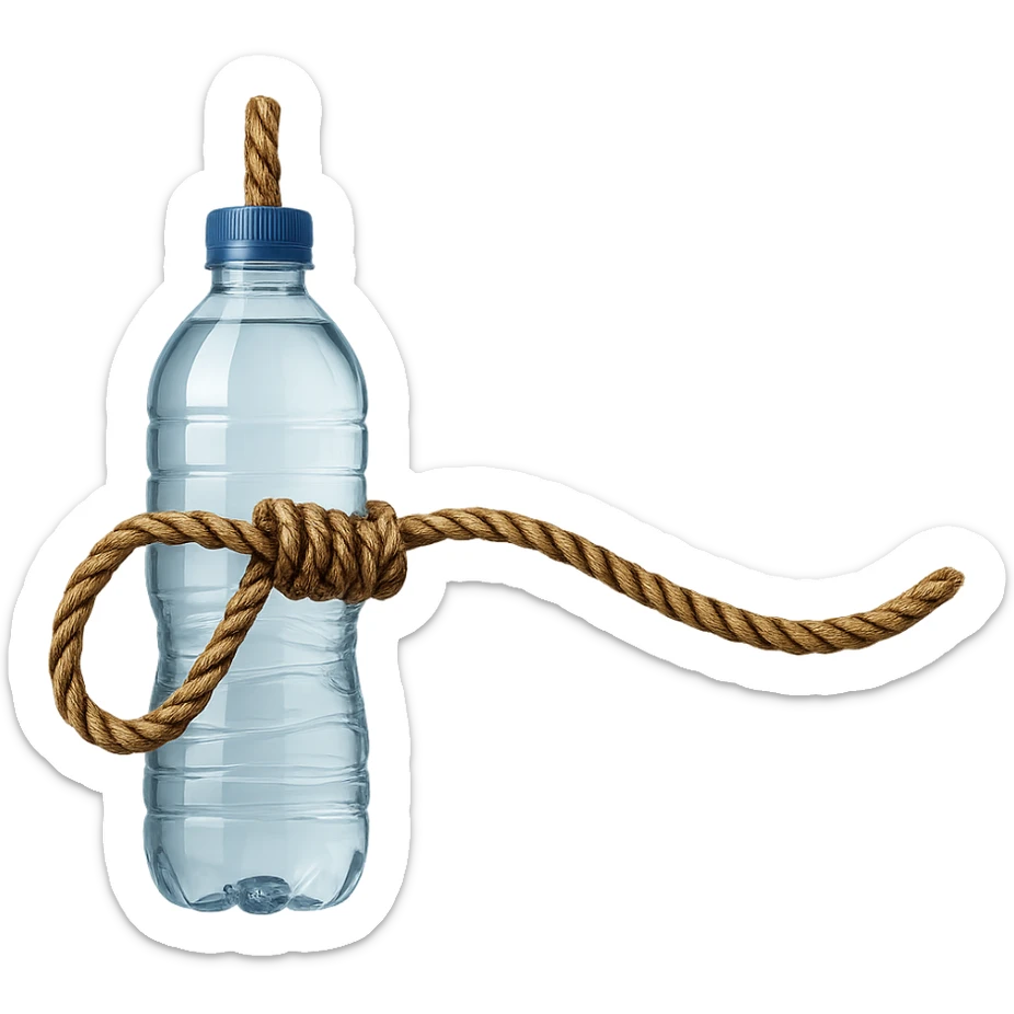 A long rope with a noose, transparent and detailed water bottle inside the rope, no background, realistic style, symbolic atmosphere, photorealistic and detailed transparent water bottle inside the rope. sticker