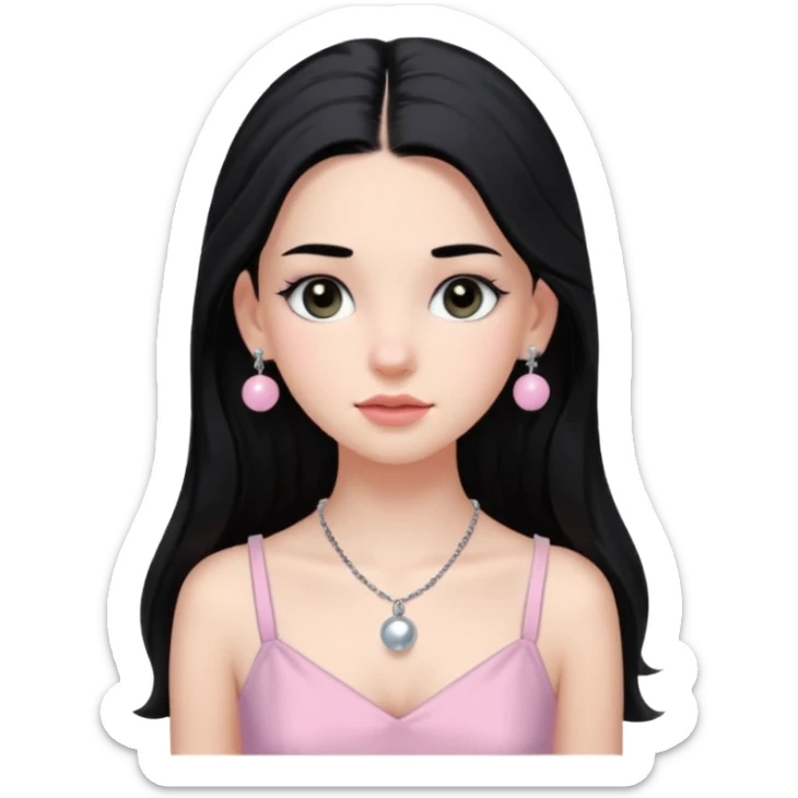 Menina branca ,cabelos longos cor preta , olhos cor preta puxados para cima. Cílios longos, lábios grossos ,nariz pequeno.vestido rosa claro de alça. Colar e brinco bolinha prata pequeno. Jovem de 16 anos  sticker