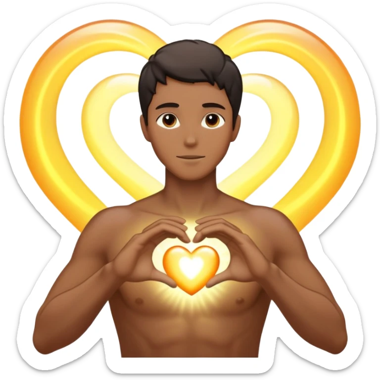 male silhouette with luminous aura, glowing heart, and energy ripples at hands, embodying awakening and quiet longing, no sharp features sticker
