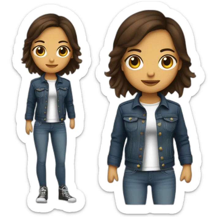 fille brune aux yeux marrons, cheveux mi-long ondulés, qui porte un jean un t-shirt rock et un blouson en cuir sticker