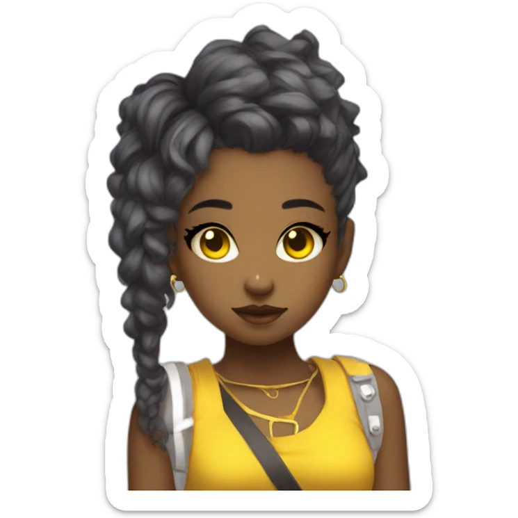 cute punk girl in yellow dress dark skin with yellow eyes and dark curvy hairs drummer anime style sticker