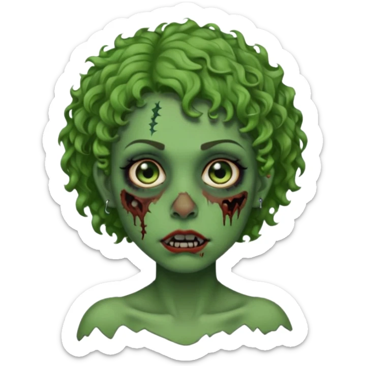 faça uma cabeça verde de zumbi femenina, com im cabelo curtinho cacheado, piercing no nariz, e brincos na orelha sticker