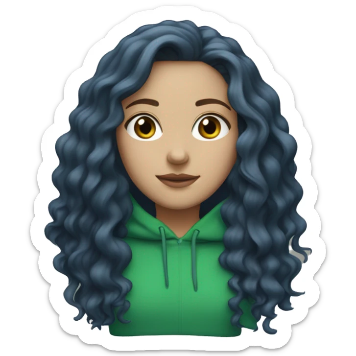 white girl with long wavy dark blue middle parted hair wearing green hoodie sticker