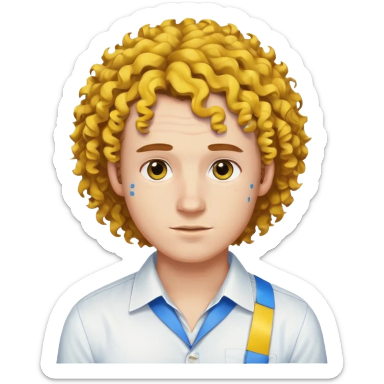 Make me an emoji that has a guy with a white shirt and yellow tape around the shirt with brown and blue spots hair make the hair curly sticker