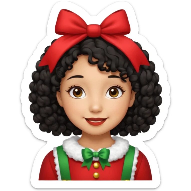 cute girl tan skin, curly black hair chin length, middle part, long eyelashes, cute cheeks, 5'2, outfit croquette style with bows and christmas theme, smiling,  no bangs sticker