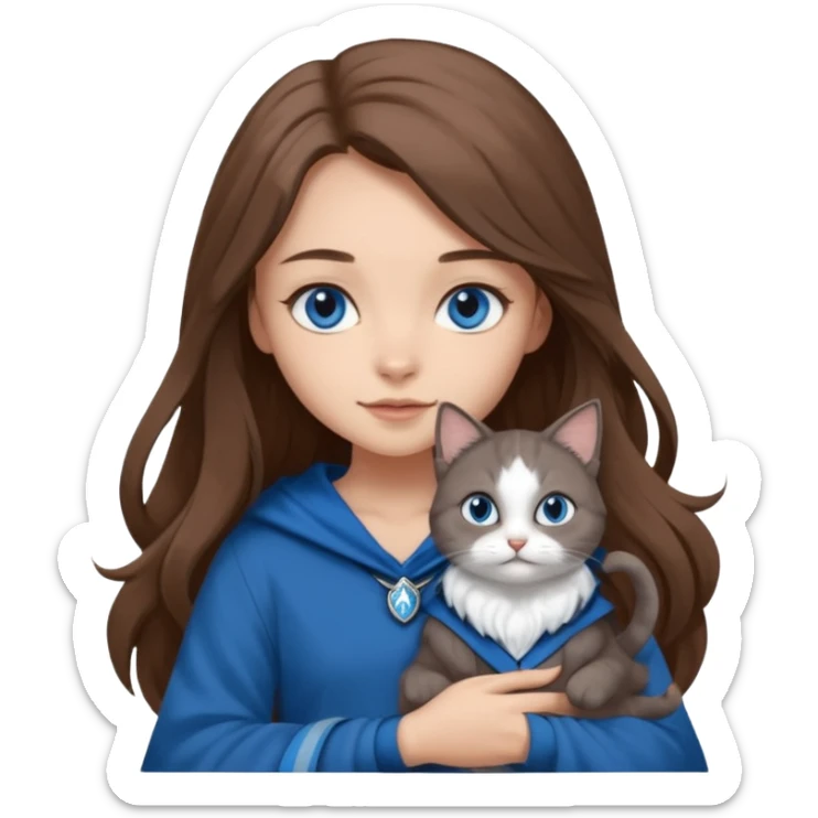 gorgeous Girl with light skin, blue eyes, long brown hair, wears a ravenclaw outfit, with a grey and white cat holding in her arms sticker