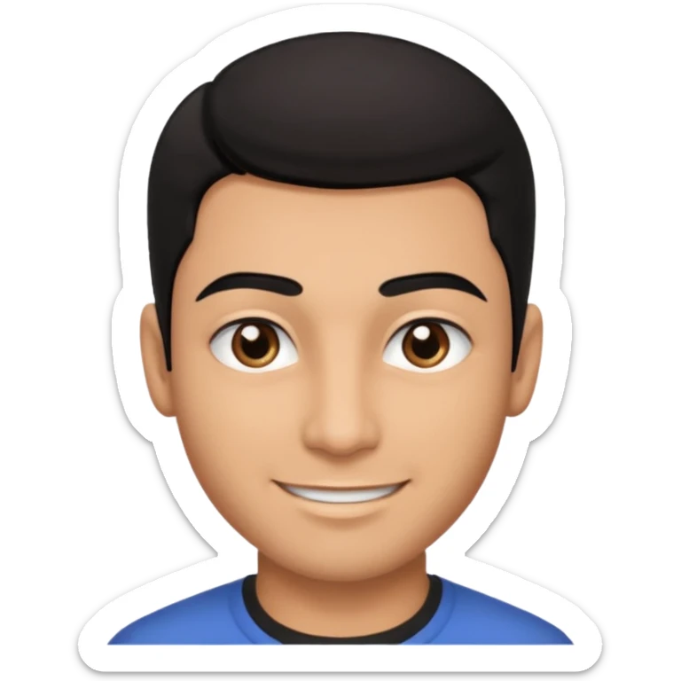 Emoji masculino em estilo 3D / cartoon realista, com pele morena clara, cabelos pretos bem penteados com gel, fios alinhados e com brilho, olhos pretos expressivos, sobrancelhas bem definidas, rosto jovem, expressão simpática e confiante, traços suaves e harmoniosos, sem barba sticker