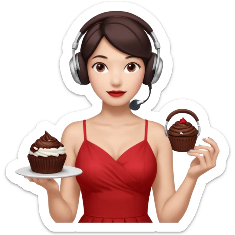 4–5 women at a listening party with a red and silver dress code. One holds a dark chocolate cupcake. Two wear over-ear headphones like AirPods Max. Indoor event lighting, modern and metallic vibe. sticker