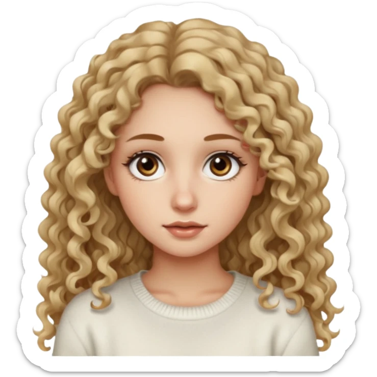 a dirty blonde girl with brown eyes and make her wearing a white sweater and  with really long curly hair and white skin color, long hair and really big lashes sticker