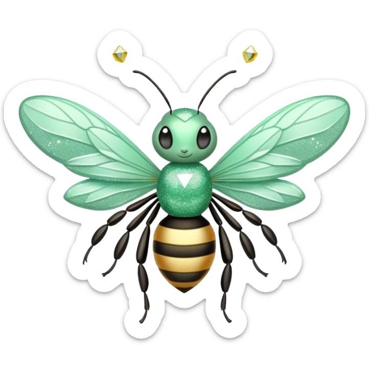 Mint green woman bee with diamond wings, sparkly rhinestones, and glitter accents sticker