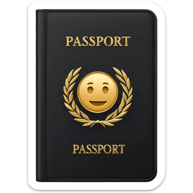 Minimal emoji icon of a black passport, matte cover, simple gold emblem, clean lighting sticker