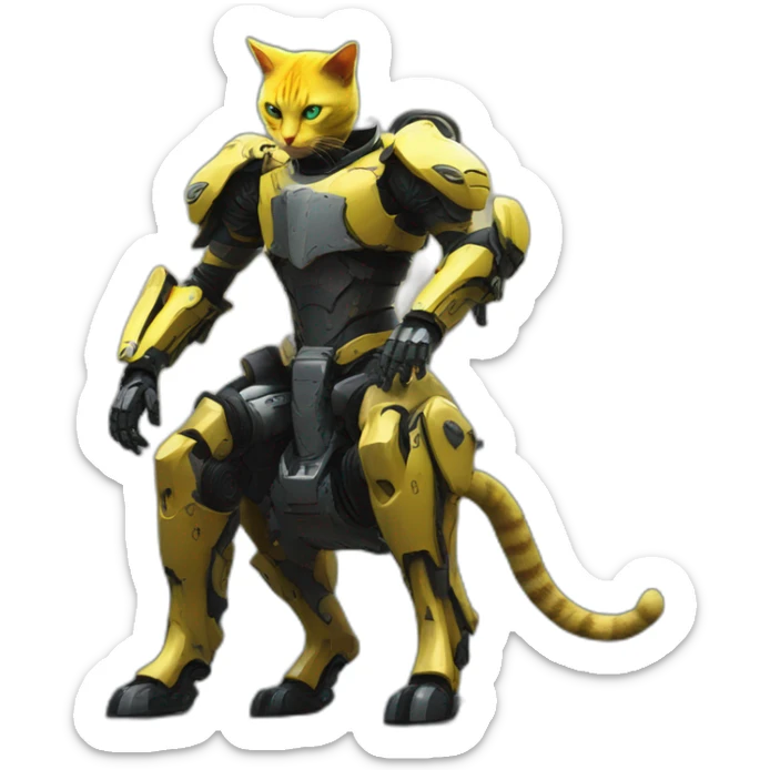 a yellow cat knight on a cyberpunk mech horse，full body sticker