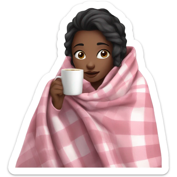 A cute black hair girl wrapped in pastel pink plaid blanket drinking coffee sticker