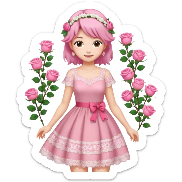 pastel anime woman with pink and white lace dress full body and roses in hair sticker