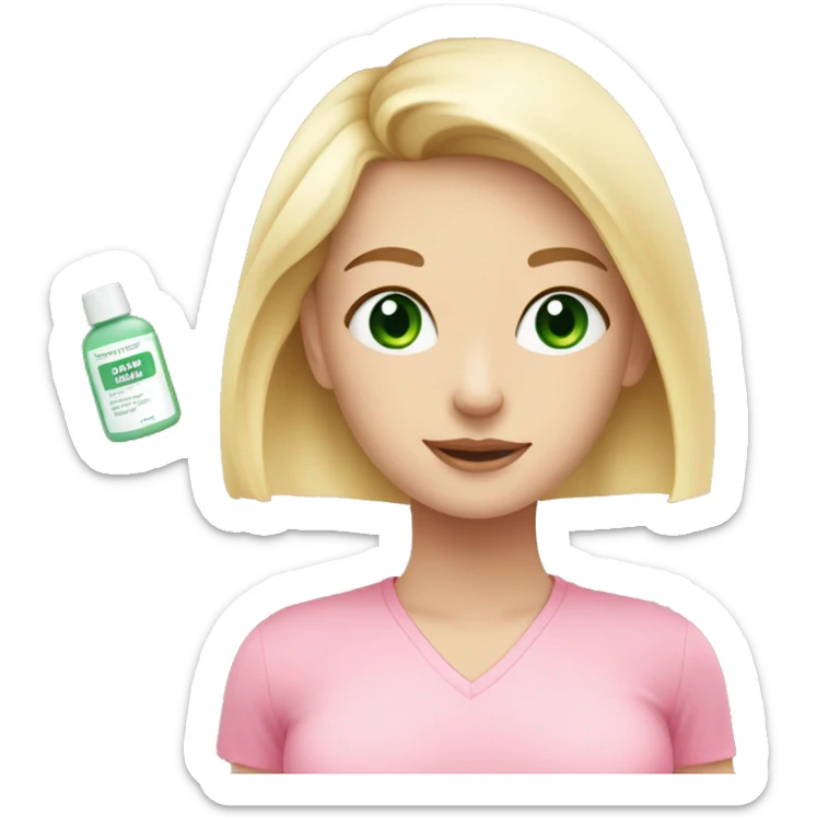 Pale girl, blonde hair to hips, doing skincare, green eyes, wearing pink shirt sticker