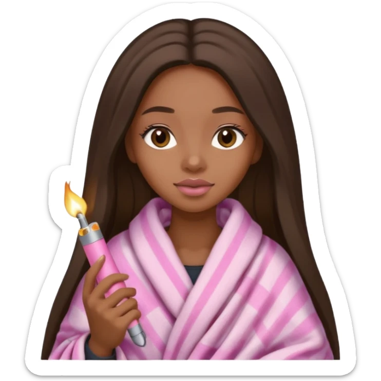 Curvy, light brown long hair, pretty black girl light pink lipgloss wrapped in blanket holding a lighter and blunt sticker