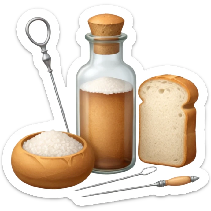  a one victorian bottle of salt and a loaf of bread - crochet needles and a ball of wool sticker