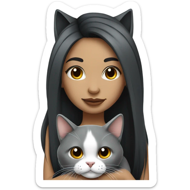 Beautiful dark haired tattooed woman holding gray and white long hair cat sticker