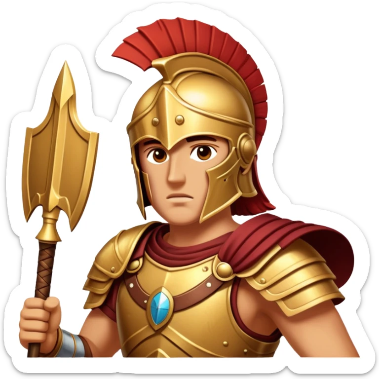 Cinematic-realistic Achilles emoji portrait fearlessly on the battlefield of Troy. His trojan armor gleams , each intricate engraving telling tales of his past glories. His piercing gaze locks onto his foe, his grip tightening around his spear.  sticker
