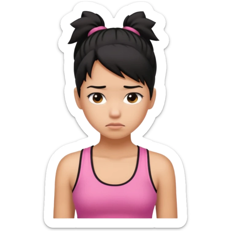 A tan girl with black hair in a ponytail. Wearing a pink tank top. Looking sad sticker