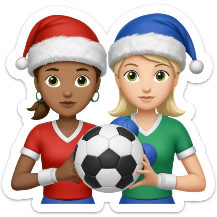 crie a imagem de 3 atletas, um homem no meio e duas mulheres, de modalidades esportivas diferentes, usando elementos esportivos, como por exemplo bola de futebol, luvas de luta e bola de vôlei... e usando um chápeu de papai noel das cores verde e azul. sticker