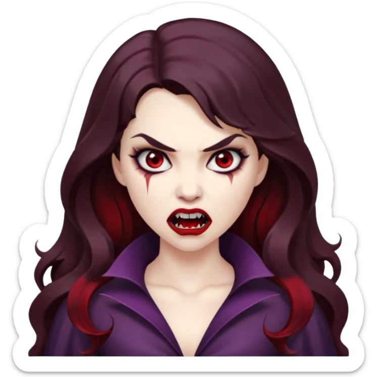 vampire woman, pale white skin, brunette, long hair, angry face, fangs out sticker