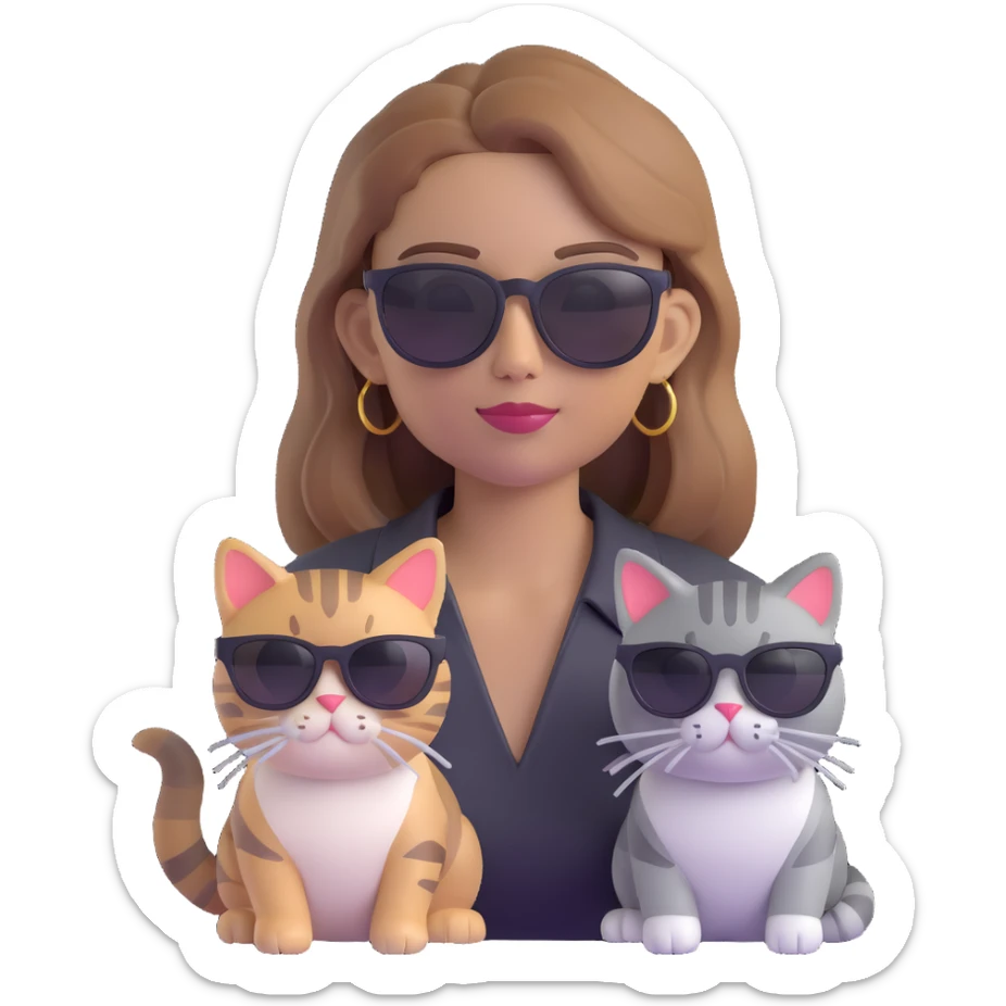white woman with light brown ombre hair and grey tabby cat, both wearing black sunglasses, looking cool, 3D emoji style similar to Apple Memoji sticker