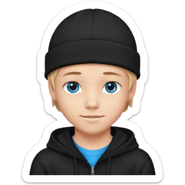 handsome and young teen pinterest boy good at fashion. popular among 'that brat girl', wearing hoodie (no blue) and beanie with blue eye  and little smile  sticker