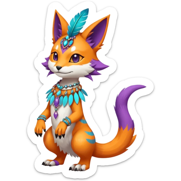 Kawaii cute orange purple turquoise exotic tribal beautiful pretty elegant divine edgy feline-vernid-sergal-Fakémon-Pokémon-Digimon-fursona-animal-creature with bracelet, necklace, full body, with intricate detailed markings, feather headdress  sticker