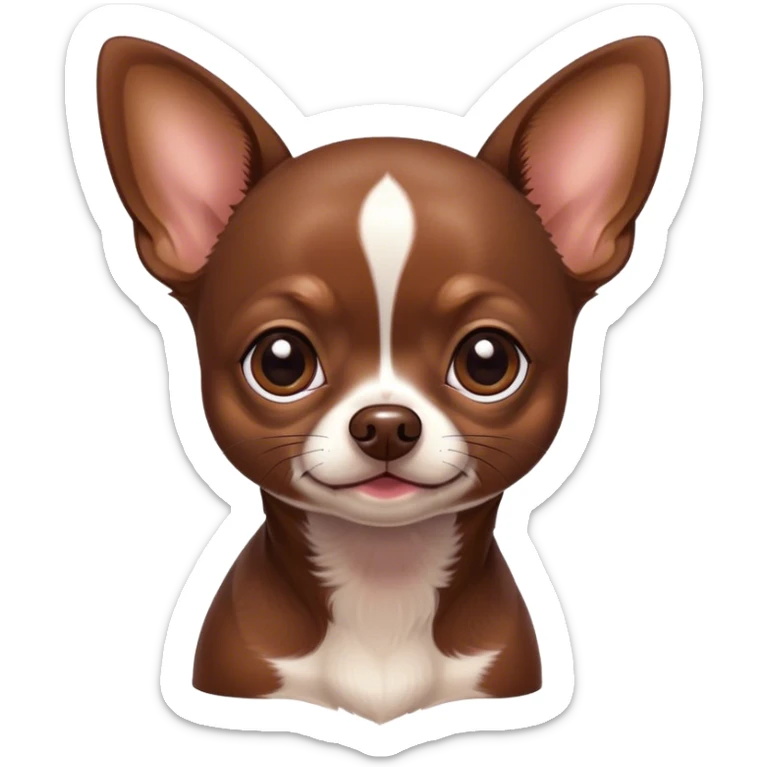 Cinematic Cute Chocolate Short Haired Chihuahua Portrait Emoji, Head tilted playfully and inquisitively, smooth chocolate fur with a lustrous sheen, round, sparkling dark eyes filled with curiosity, Simplified yet irresistibly adorable features, highly detailed, glowing with a warm, friendly glow, high shine, affectionate and lively, stylized with a touch of whimsy, bright and endearing, soft glowing outline, capturing the essence of a mischievous yet loving pup, so playful it feels like it could bound out of the screen and into your arms! sticker