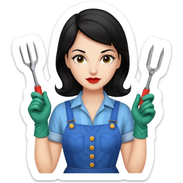 I like it! Can you make her dark haired? Rockabilly vibes are good. I like the third one and last most. Could you leave the screwdrivers? She's more like the organised one. Perhaps give her washing gloves or something. Or gardening gloves. sticker