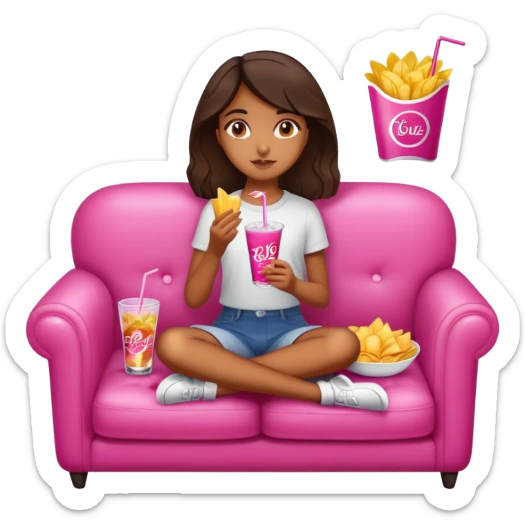 home brown girl with plate of chips and one soda drink, sitting at the pink sofa sticker
