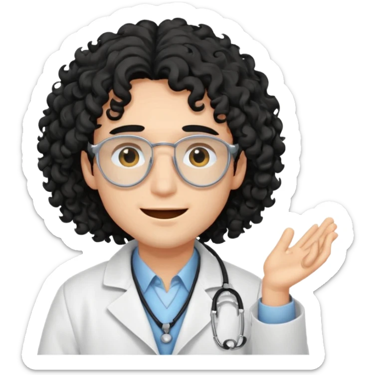 a young male doctor with black long curly hair cover his eyes a little bit and cheerful face sticker