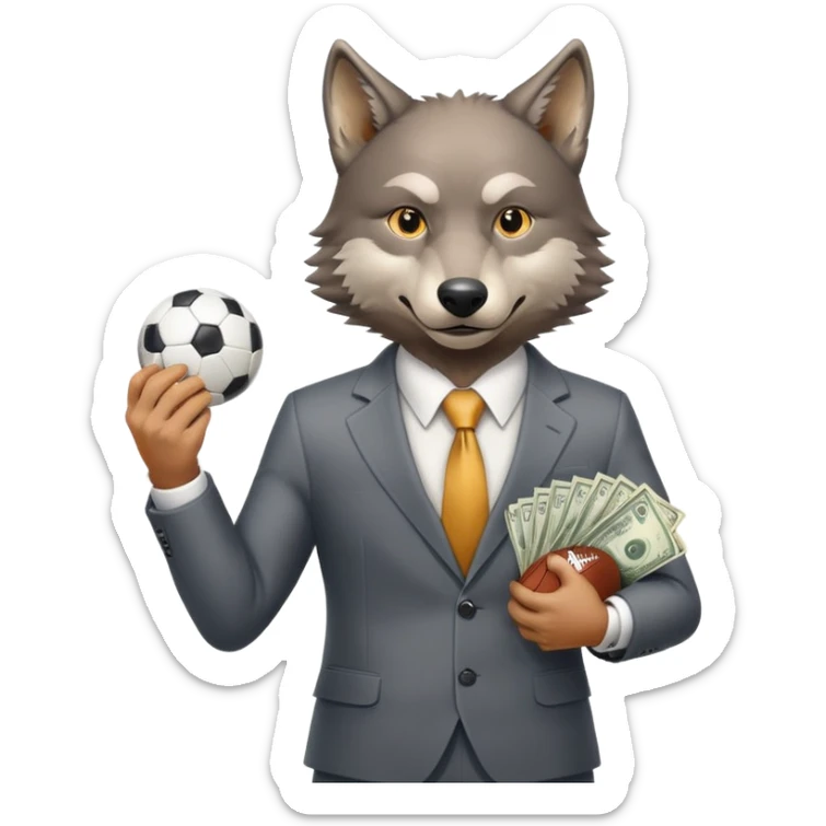 Wolf in business suit holding football and money, Wall Street wolf sticker