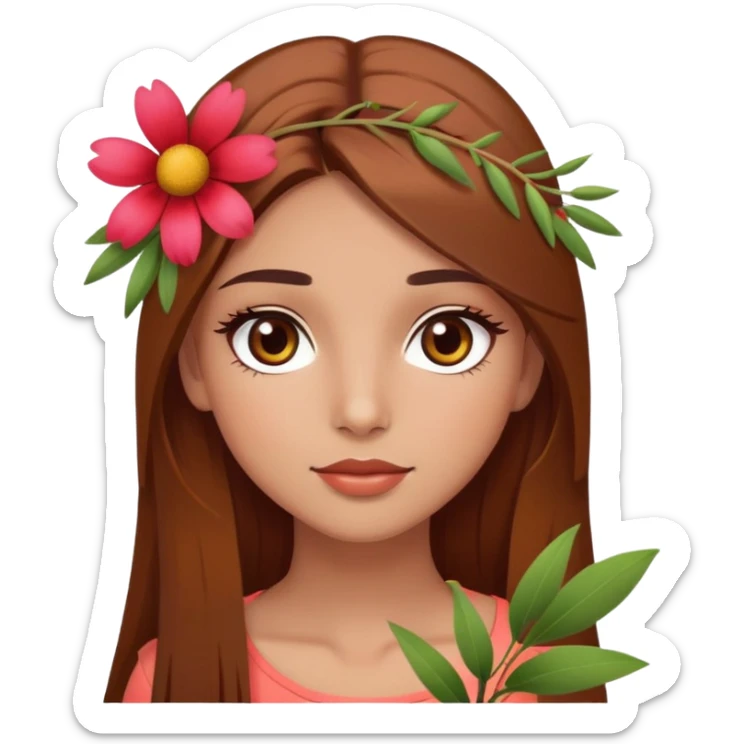 pretty girl with olive skin, hazel eyes and long lashes, has brown hair with a bit red undertone, hair is long and straight, and she’s in summer style, with one flower on her head sticker