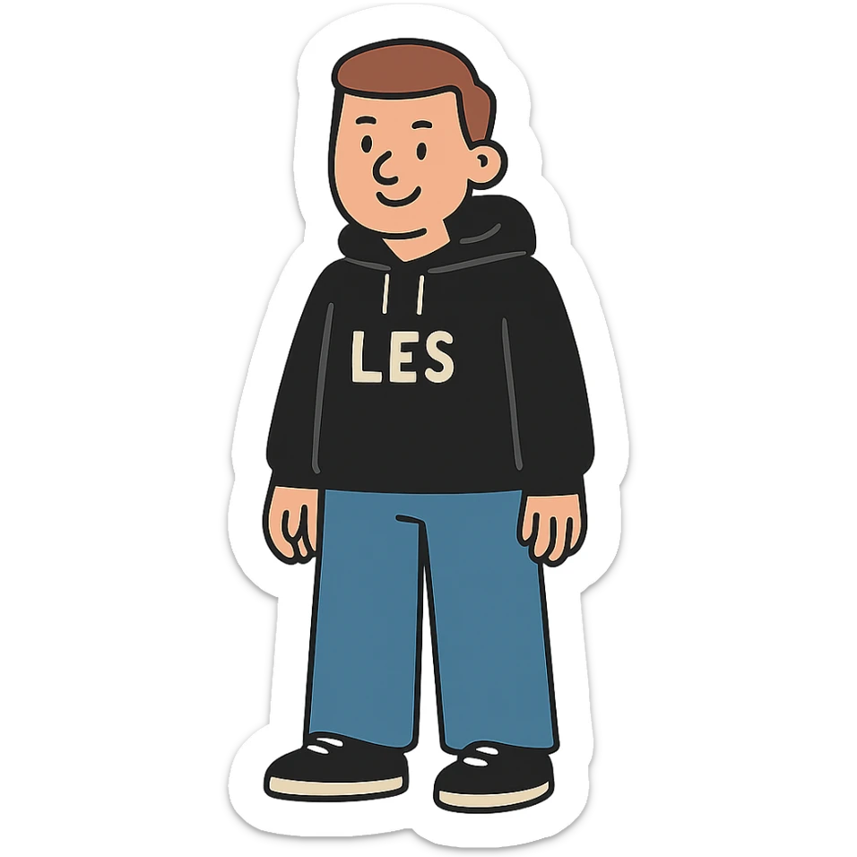 flat toon style person named Les wearing wide jeans and a black hoodie sticker