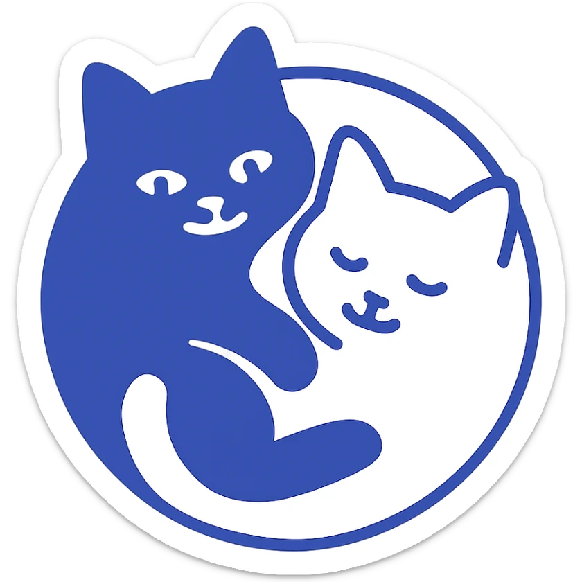 a black cat and a white cat in a yin-yang pose, stylized, clean lines, no background sticker