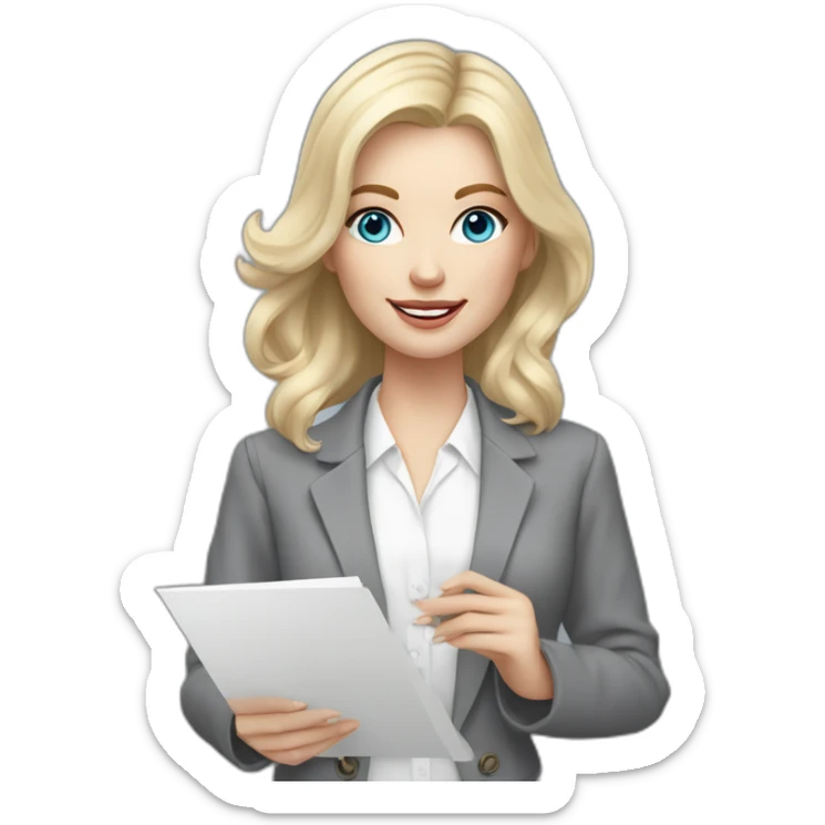 pale skin woman interior designer with cold blonde middle length hair, blue eyes, White blouse, Gray oversize jacket, Gray skirt holding a color palette in the hands sticker