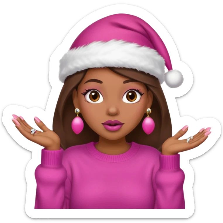 Sassy, cunty, girly Santa emoji with big lips, fake nails, pink sweater, and a pink santa hat. sticker