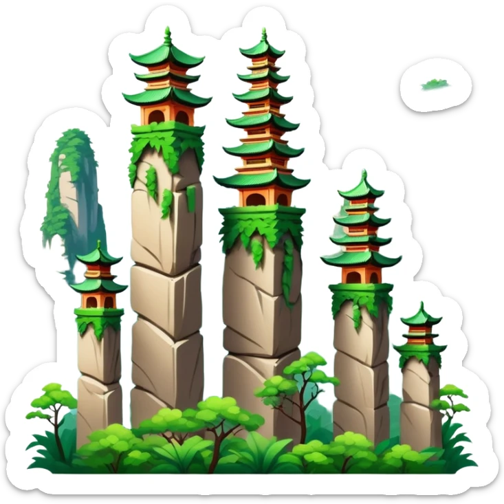 Zhangjiajie Avatar mountains, simplified emoji style with bold outlines and bright colors, cartoon style tall stone pillars with greenery sticker
